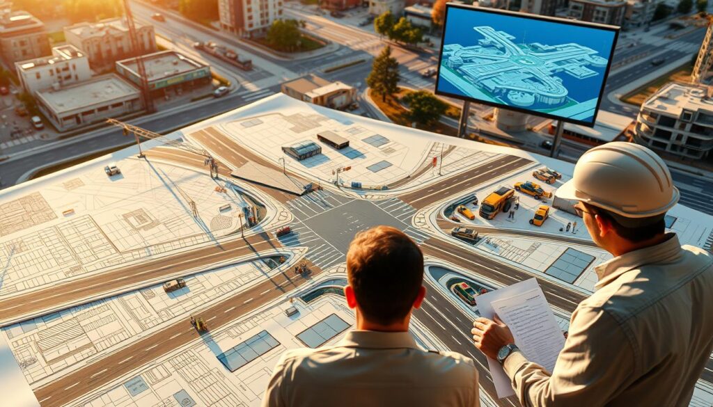 a detailed blueprint for a road construction project, featuring a top-down view of a complex intersection with multiple lanes, traffic signals, and signage. the scene is illuminated by warm, natural sunlight, casting soft shadows and highlighting the intricate design. in the foreground, engineers and planners pore over detailed plans and schematics, analyzing the layout and identifying potential challenges. in the middle ground, a 3D model of the project is displayed on a large screen, allowing for visualization and simulation of the proposed infrastructure. the background showcases the surrounding urban environment, with buildings, trees, and other infrastructure elements providing context. the overall atmosphere conveys a sense of careful planning, diligence, and the collaborative nature of the road construction process.