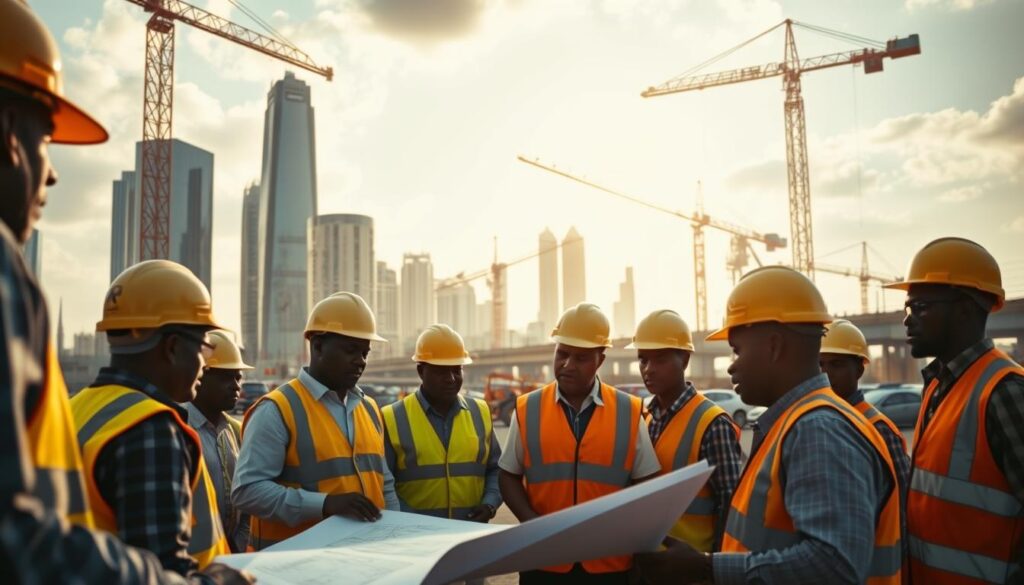 a detailed, cinematic scene of bustling civil engineering job opportunities in Kenya, seen from a low angle with a wide lens. The foreground shows a group of construction workers in hard hats and high-visibility vests, examining blueprints and discussing plans for a major infrastructure project. In the middle ground, cranes and excavators dot the skyline, while in the background, towering modern skyscrapers and bridges stand as symbols of Kenya's growing economy and development. The lighting is warm and golden, creating a sense of optimism and progress, while the overall composition conveys the dynamic, rapidly evolving nature of the civil engineering industry in the country.