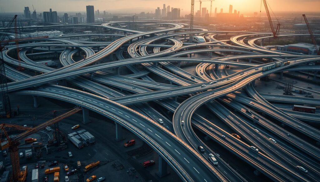 a detailed, cinematic view of a modern transportation infrastructure project, featuring a sprawling network of highways, bridges, and railways. in the foreground, a construction site with cranes, excavators, and workers building a new overpass. in the middle ground, a bustling traffic interchange with cars, trucks, and public transportation vehicles navigating the intricate web of roads and interchanges. in the background, a cityscape of skyscrapers and industrial facilities, bathed in the warm glow of a golden hour sunset. the scene is illuminated by soft, directional lighting, creating dramatic shadows and highlights that accentuate the scale and complexity of the infrastructure. the overall mood is one of progress, efficiency, and the continual investment in modernizing transportation networks to support economic growth and development.