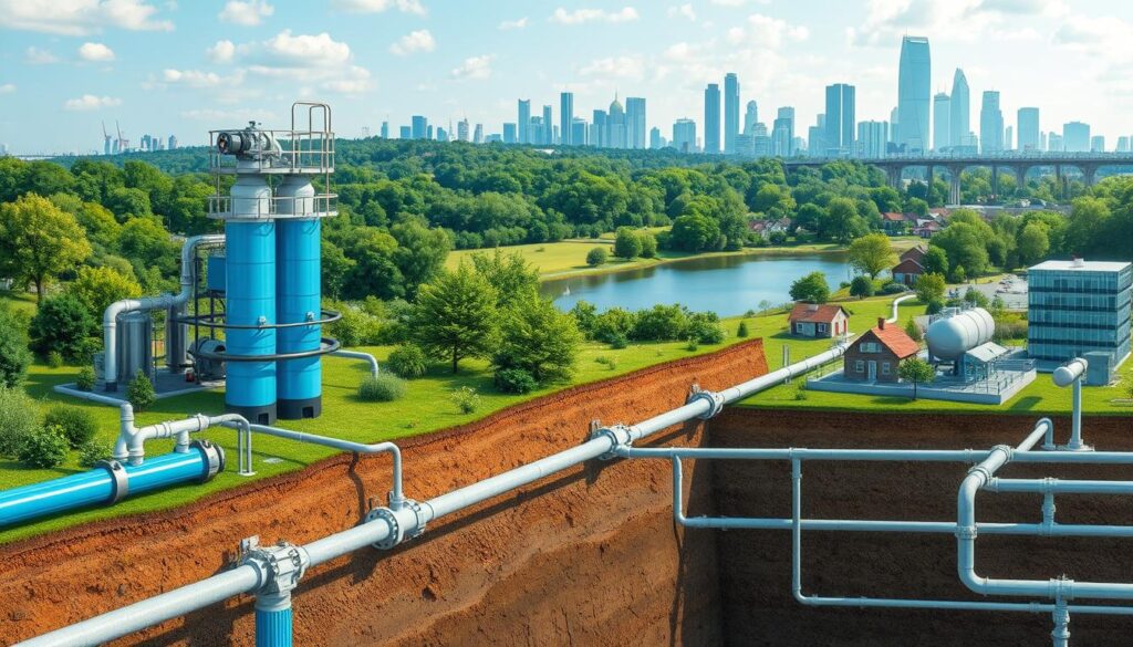 a detailed digital illustration of a water infrastructure optimization system, featuring a central water treatment plant with advanced filtration and purification technologies. In the foreground, a network of underground pipes and valves regulates the efficient distribution of clean water to residential and commercial buildings. In the middle ground, a verdant landscape with lush vegetation and a natural water source, such as a lake or river, symbolizes environmental sustainability. The background showcases a modern city skyline, hinting at the integration of this water system within a broader urban context. The image conveys a sense of technological innovation, environmental consciousness, and seamless infrastructure management, all of which are crucial aspects of optimizing water asset management.