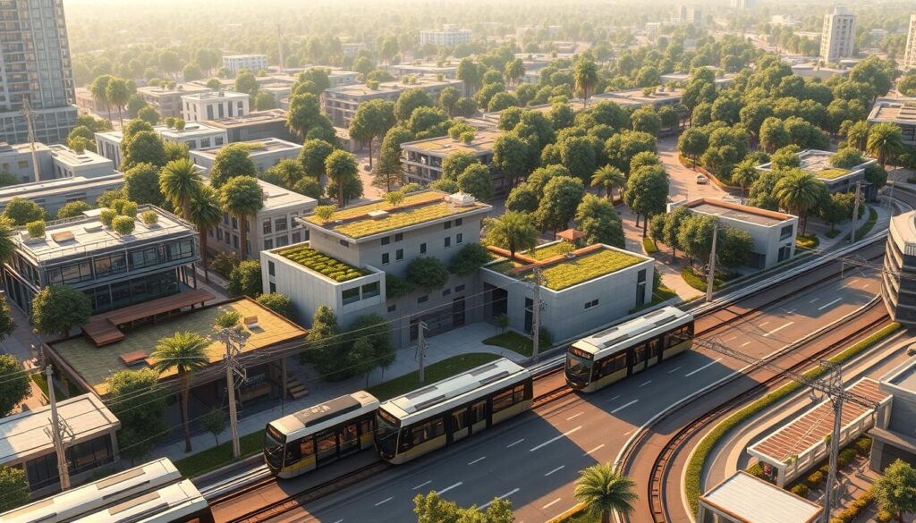 a detailed digital illustration of sustainable civil engineering projects, showcasing a futuristic cityscape with innovative infrastructure and green initiatives. in the foreground, a network of solar-powered tram lines and electric buses glide through the streets, their sleek designs blending seamlessly with the surrounding architecture. in the middle ground, a series of modular, energy-efficient residential and commercial buildings with extensive rooftop gardens and vertical farms. in the background, a sprawling urban forest with towering trees and lush greenery, integrated with the built environment through a series of elevated walkways and bike paths. the scene is illuminated by a warm, diffused lighting, creating a sense of harmony and balance between technology and nature. the overall atmosphere conveys a vision of a thriving, sustainable community.