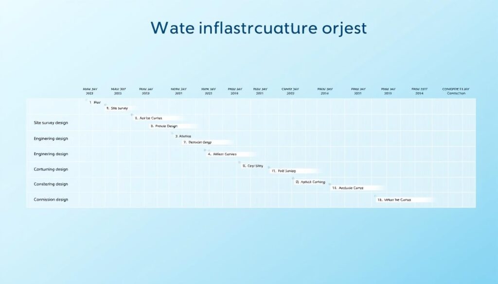 a detailed gantt chart depicting the stages and timeline of a water infrastructure project, with clean and minimalist visual design. the chart shows various phases such as site survey, engineering design, procurement, construction, and commissioning, with clear start and end dates. the background has a clean, pale blue gradient, giving a sense of professionalism and technical precision. the chart itself is rendered in a neutral color palette, with thin, crisp lines and easy-to-read labels. the overall tone is one of organization, efficiency, and attention to detail, befitting the subject of project scheduling for a potable water infrastructure endeavor.