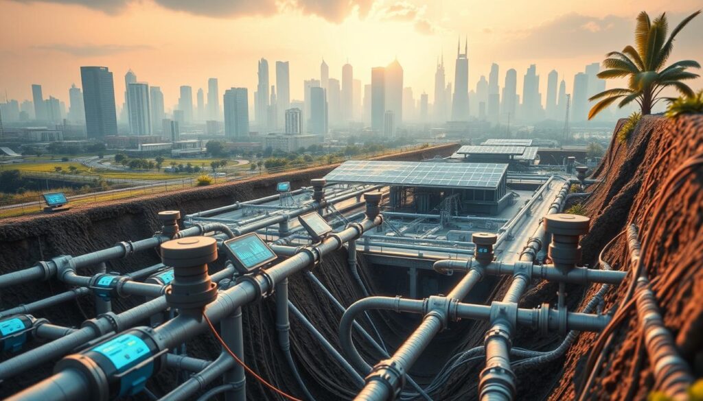 a detailed, high-resolution, photorealistic image of smart water infrastructure solutions for the future of urban water systems. in the foreground, a network of interconnected underground pipes, valves, and sensors, with digital displays and control panels showing real-time data and analytics. in the middle ground, a solar-powered water treatment facility with advanced filtration and desalination technologies. in the background, a cityscape with futuristic skyscrapers and sustainable green spaces, all powered by this intelligent water infrastructure. the image should convey a sense of technological innovation, efficiency, and environmental sustainability. the lighting should be warm and inviting, with a slightly futuristic aesthetic. the camera angle should be slightly elevated, providing a comprehensive view of the scene.