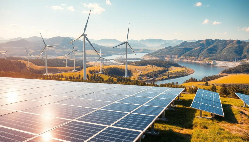 a detailed, highly photorealistic scene of various renewable energy projects, including solar panels, wind turbines, and hydroelectric dams, set against a vibrant, sun-drenched landscape. the foreground features a large solar farm with rows of sleek, modern panels glinting in the warm, golden sunlight. in the middle ground, several towering wind turbines stand tall, their blades gracefully spinning in a gentle breeze. in the background, a scenic river winds through the lush, rolling hills, with a hydroelectric dam visible in the distance. the scene conveys a sense of harmony and progress, showcasing the diverse array of renewable energy technologies that are powering a sustainable future. the lighting is natural and precise, capturing the play of light and shadow across the different elements. the overall composition is balanced and visually striking, drawing the viewer's attention to the technological marvels and natural beauty of renewable energy projects.