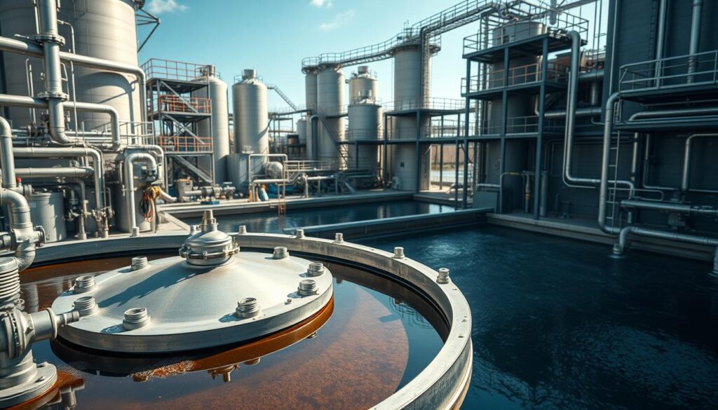 a detailed, highly realistic image of wastewater treatment technology in an industrial setting. the foreground shows a clarifier tank with a rotating mechanism skimming the surface, surrounded by various pipes, valves, and monitoring equipment. the middle ground features a secondary treatment process like an activated sludge aeration basin, with fine air bubble diffusers agitating the wastewater. the background depicts a modern wastewater treatment plant, with towering silos, steel catwalks, and a control room overlooking the facility. the lighting is natural daylight, casting long shadows and highlighting the intricate textures of the stainless steel and concrete structures. the overall scene conveys the technical complexity and important role of wastewater treatment in industrial processes.