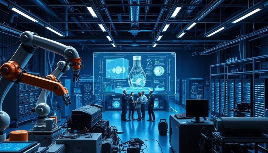 a detailed, highly-realistic, photorealistic image of technology in modern engineering practices, showing a futuristic engineering lab or workshop with various advanced engineering tools, equipment, and digital displays. The foreground features several high-tech robotic arms, 3D printers, and computer-controlled machinery in operation. The middle ground showcases a team of engineers collaborating around a large interactive holographic display, visualizing complex 3D engineering models and simulations. In the background, rows of server racks, diagnostic monitors, and an array of sensors and measurement instruments convey the advanced, data-driven nature of contemporary engineering workflows. The scene is illuminated by cool, blue-tinted lighting, creating a sleek, sophisticated atmosphere that exemplifies the intersection of technology and modern engineering.