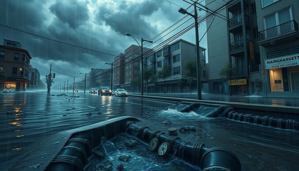 a detailed illustration of the challenges posed by climate change to storm drainage systems, showcasing flooded urban streets with rising water levels, overwhelmed drainage infrastructure, and the impact on the surrounding environment. the scene should have a sense of foreboding and urgency, with dark clouds, heavy rain, and debris in the water. include technical details like an extreme wide-angle lens, dramatic low-angle perspective, and moody, high-contrast lighting to heighten the drama. convey the threat of climate change and the need for innovative storm drainage design to mitigate its effects.