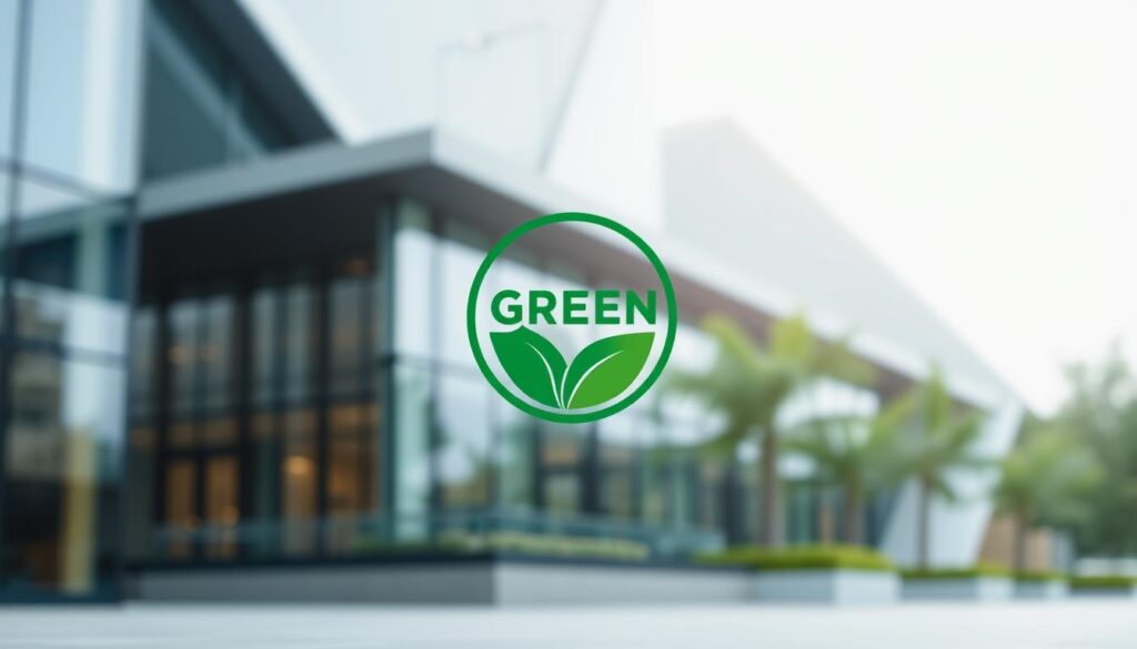 a detailed image of a green building certification logo or icon, with a clean, minimalist design and a focus on sustainability and environmental responsibility. The logo should be prominently displayed in the foreground, with a blurred, out-of-focus background featuring elements of modern architecture, such as sleek glass facades, angular shapes, and natural greenery. The lighting should be soft and diffused, creating a calming and professional atmosphere. The image should convey a sense of authority, trust, and commitment to sustainable building practices.