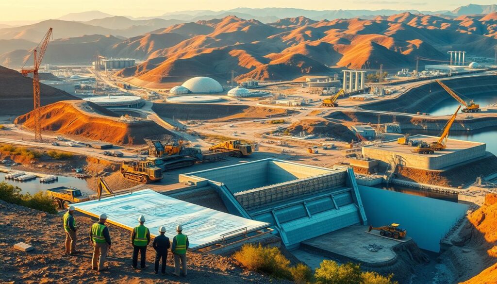 a detailed landscape showing the development of water infrastructure, with a focus on funding opportunities for projects. in the foreground, a group of engineers and construction workers are gathered around a large scale model of a dam or reservoir, discussing plans and blueprints. the middle ground features heavy machinery and equipment like cranes, bulldozers, and excavators actively working on the construction site. in the background, rolling hills and mountains are dotted with existing water treatment facilities, aqueducts, and hydroelectric power plants, all bathed in warm, golden afternoon light. the scene conveys a sense of progress, innovation, and investment in sustainable water management solutions.