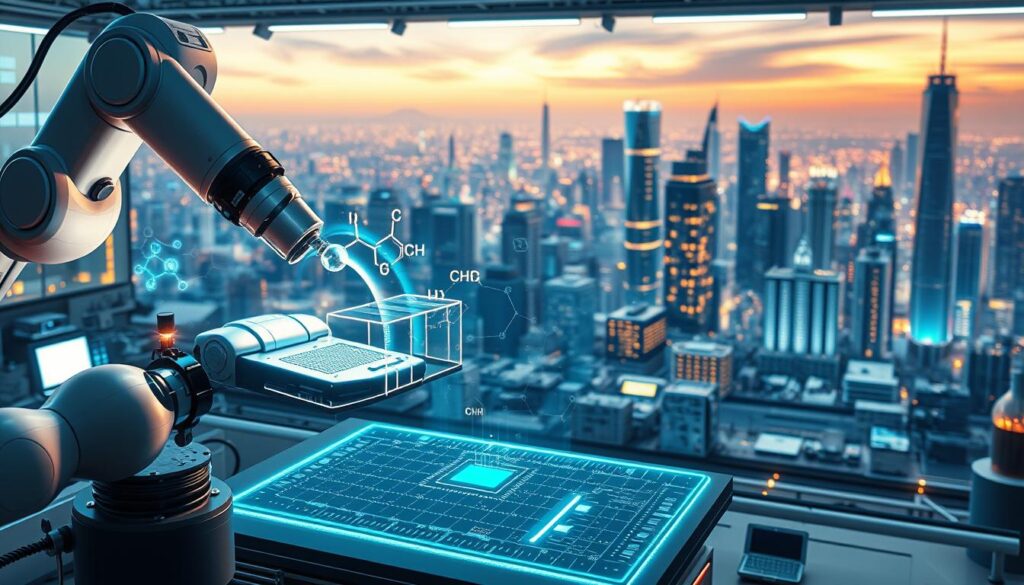 a detailed, large scale 3D illustration of materials science innovations, showcasing various cutting-edge technologies and materials. In the foreground, an advanced robotic arm manipulates a futuristic smart material, seamlessly integrating it with a sleek, next-generation electronic device. In the middle ground, a holographic display projects intricate molecular structures and chemical reactions, while behind it, a vast research laboratory with state-of-the-art equipment and instrumentation. The background features a panoramic view of a bustling, high-tech city skyline, with skyscrapers constructed from innovative, lightweight composite materials. The lighting is a balance of warm, incandescent tones and cool, LED-powered accents, creating a sense of scientific progress and technological sophistication. The overall mood is one of wonder, discovery, and the boundless possibilities of materials science.