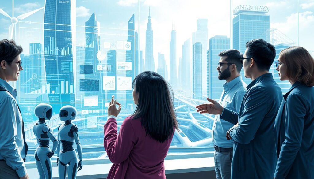 a detailed, photorealistic illustration of the future of engineering and policy integration. in the foreground, a team of diverse engineers and policymakers collaborate on a large holographic display, gesturing towards complex data visualizations and schematics. in the middle ground, sleek robotic assistants and autonomous vehicles represent the advanced technologies being developed through this interdisciplinary partnership. the background depicts a futuristic cityscape, with towering skyscrapers and green energy infrastructure, symbolizing the real-world impact of this engineering and policy integration. the lighting is cool and bright, creating a sense of innovation and progress. the overall atmosphere conveys a hopeful, collaborative vision for the future.