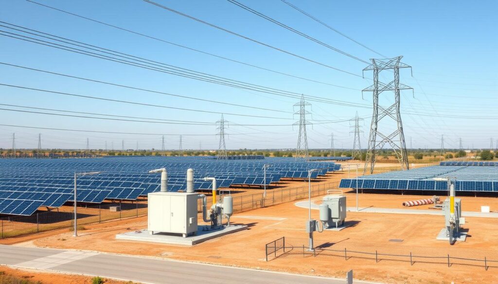 a detailed photorealistic image of a solar farm grid connection, showing a large-scale solar power plant with rows of solar panels connected to high-voltage electrical transmission lines and pylons in the background. The foreground should feature a substation or switchyard with transformers, circuit breakers, and other electrical equipment to manage the power flow from the solar farm to the utility grid. The middle ground should have a road or access path leading to the substation, with fencing, security lighting, and other infrastructure elements. The overall scene should convey a sense of industrial scale, technical complexity, and the importance of integrating renewable energy into the existing power grid, with a clean, modern aesthetic and neutral color palette reflecting the subject matter.