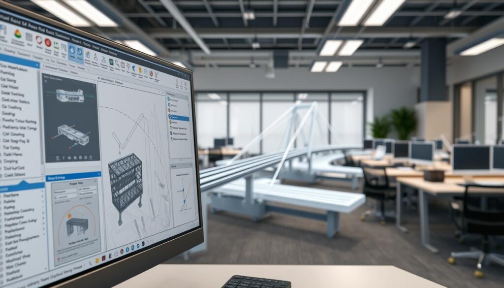 a detailed, realistic 3D rendering of BIM (Building Information Modeling) software for civil engineering applications, shown in a well-lit office setting. The software interface takes up the foreground, displaying various tools and features for designing, simulating, and managing civil infrastructure projects. The middle ground showcases a 3D model of a bridge or highway, allowing the user to interact with and modify the digital twin. The background depicts the office environment, with desks, chairs, and other office equipment, creating a professional and productive atmosphere. The lighting is soft and natural, accentuating the details of the software and the 3D model. The overall composition conveys the power and utility of BIM technology in transforming the civil engineering industry.