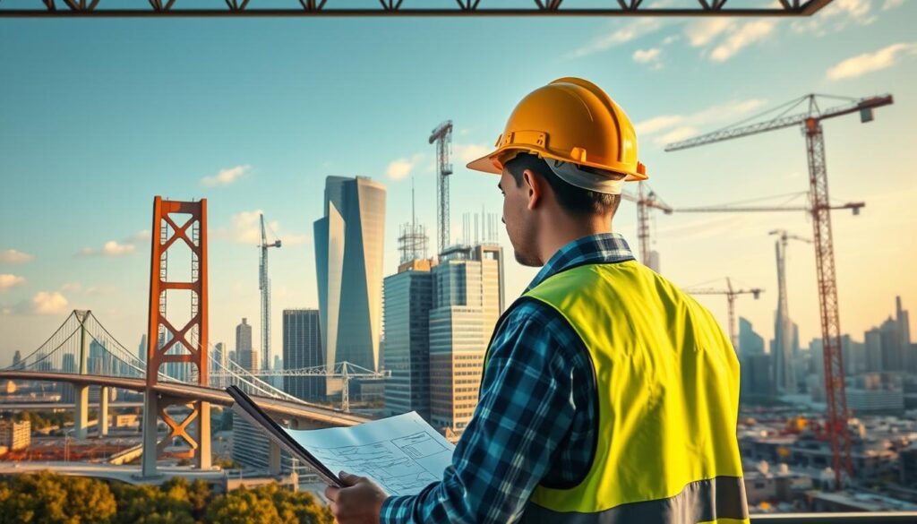 a detailed, realistic image of a structural engineering career path, seen from a low angle, with the foreground showing a young person in a hard hat and safety vest examining blueprints, the middle ground depicting various infrastructure projects like bridges, skyscrapers, and construction sites, and the background featuring a cityscape with a clear blue sky and warm lighting, conveying a sense of progression, ambition, and the wide range of opportunities in the structural engineering field