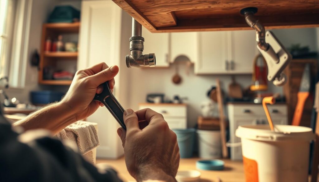 a detailed, realistic scene of a person working on a simple DIY plumbing pipe repair in a well-lit home interior. The foreground shows the person's hands using a wrench to fix a leaking pipe joint, with various plumbing tools and materials such as a bucket, rag, and sealant tape visible. The middle ground includes the exposed section of the pipe and the surrounding cabinetry or wall. The background depicts a clean, organized home workshop or utility room setting with shelves, cabinets, and other household items. Lighting is warm and natural, casting soft shadows and highlighting the textures of the materials. The overall mood is one of a straightforward, practical DIY task being carried out with care and attention to detail.