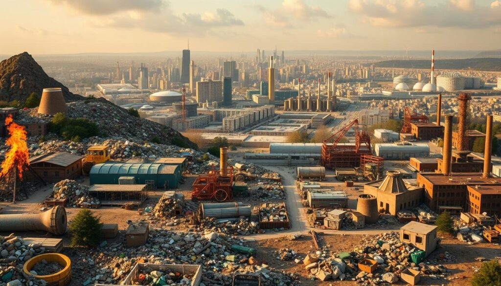 a detailed, sprawling scene depicting the evolution of waste management practices throughout history. in the foreground, various traditional waste disposal methods are showcased, such as open-air burning, manual sorting, and landfilling. in the middle ground, more modern techniques are illustrated, including recycling centers, waste-to-energy plants, and hazardous waste treatment facilities. the background features a panoramic view of a bustling city skyline, with a mix of old and new infrastructure representing the progression of waste management over time. the scene is lit by a warm, golden hue, creating a contemplative, educational atmosphere. the overall composition conveys the complex, multi-faceted nature of waste management's historical development.