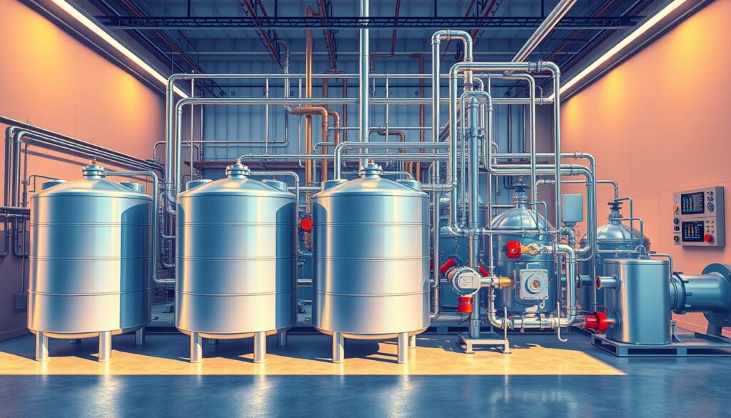 a detailed technical illustration of a water management engineering system, featuring a complex network of pipes, valves, and control mechanisms. Situated in a clean, well-lit industrial setting with smooth concrete floors and high ceilings, the system is bathed in warm, directional lighting that casts long shadows and highlights the intricate metalwork. In the foreground, a series of large, cylindrical water storage tanks stand prominently, their surfaces gleaming. Behind them, the main piping infrastructure winds through the space, branching off into multiple directions, conveying a sense of efficiency and interconnectedness. In the background, various monitoring and control panels are visible, displaying real-time data and status information, emphasizing the advanced, data-driven nature of the system.