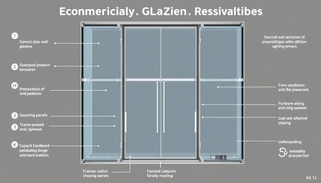 a detailed, technical illustration of commercial glazing systems and installation best practices, showcasing compliance with industry standards and regulations. a clean, well-lit architectural diagram showing the various components of a modern curtain wall system, including framing, glass panels, gaskets, and hardware. the image should have a technical, engineering-focused aesthetic, with accurate proportions and attention to detail. the overall mood should convey professionalism, precision, and adherence to industry guidelines. no text or branding, just a clear, schematic-style visual aid.