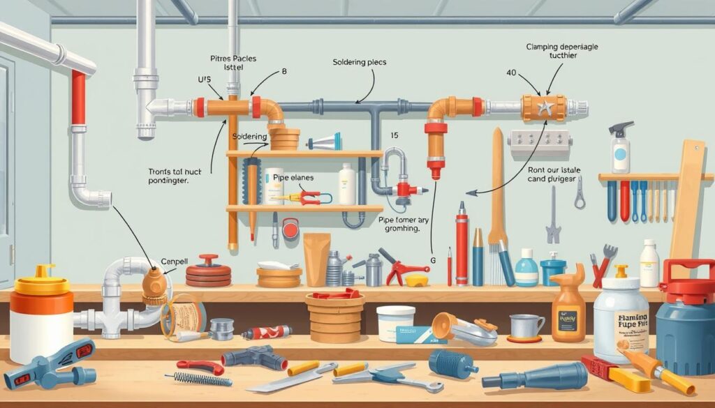 a detailed, technical illustration of various pipe repair techniques, including soldering, clamping, and patching, in a clean, well-lit workshop setting with various plumbing tools and supplies in the foreground, middle ground, and background, creating a comprehensive visual guide to basic home plumbing fixes