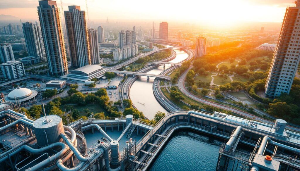 a detailed water management case study, showcasing cutting-edge water engineering technology. a sprawling urban landscape with towering skyscrapers, lush green parks, and a central river flowing through the city. in the foreground, a state-of-the-art water treatment facility, with various pipes, valves, and monitoring equipment. the facility's modern architecture blends seamlessly with the surrounding environment. in the middle ground, a network of smart water sensors and IoT devices, providing real-time data on water usage, quality, and distribution. in the background, a panoramic view of the city, with the sun casting a warm, golden glow over the scene. the overall atmosphere conveys a sense of innovation, sustainability, and technological progress in water resource management.
