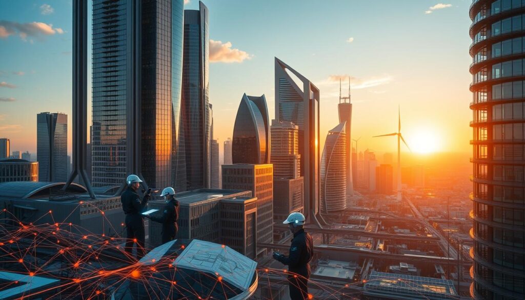 a futuristic cityscape with towering skyscrapers and sleek architectural structures, bathed in a warm, golden glow from the setting sun. In the foreground, a network of intricate wiring and holographic displays represents the interconnected global engineering standards that govern the design and construction of these innovative buildings. The middle ground features engineers in high-tech protective gear, collaborating on digital schematics and simulations, exploring new frontiers of sustainable and resilient infrastructure. In the background, a panoramic view of the city skyline stretches out, with clean energy sources like solar panels and wind turbines harnessing the power of the natural environment. The overall scene conveys a sense of progress, innovation, and the seamless integration of global engineering regulations that shape the future of the built environment.