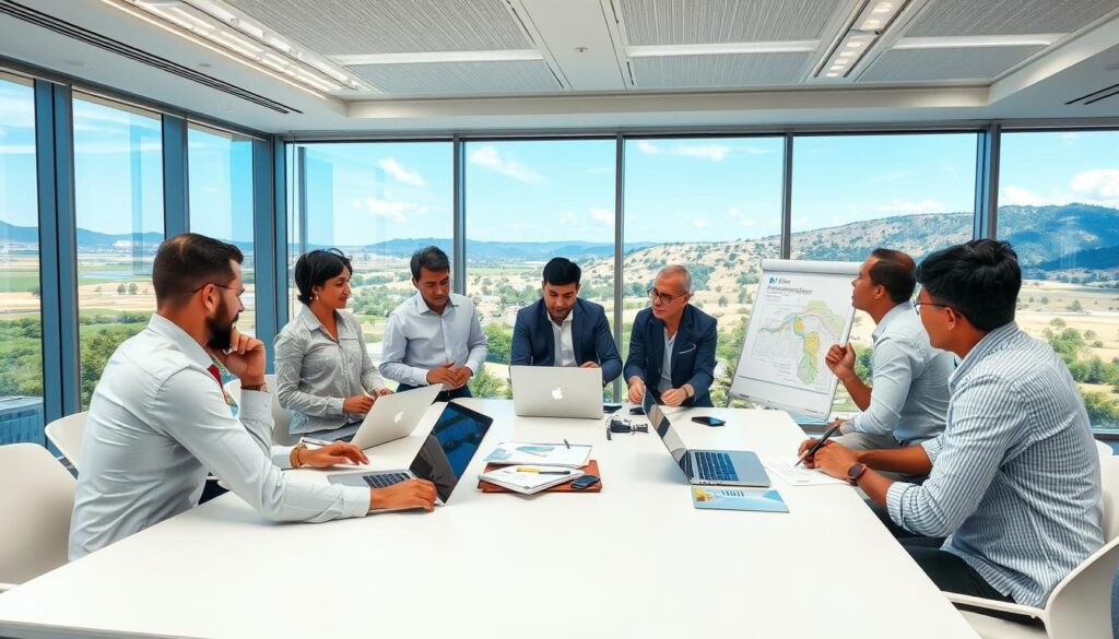 a group of people engaged in a capacity building workshop on hydrology, discussing data analysis and mapping techniques, surrounded by whiteboards, charts, and laptops, set in a modern, well-lit conference room with large windows overlooking a scenic landscape, creating a professional, collaborative atmosphere conducive to learning and knowledge exchange