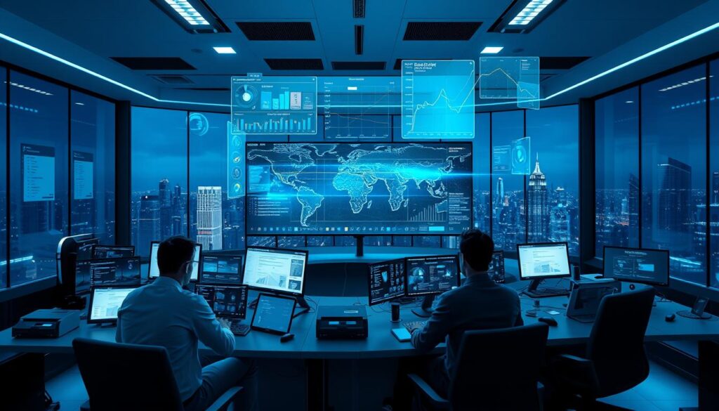 a high-tech project management command center, with a large central screen displaying real-time data and analytics, surrounded by workstations where team members collaborate using cutting-edge software and hardware. The room is bathed in a cool, blue-tinted lighting, creating a sleek, futuristic atmosphere. Holographic project timelines and Gantt charts float in the air, allowing the team to visualize and manipulate the project's progress with a wave of their hands. In the background, a panoramic window offers a breathtaking view of a modern city skyline, symbolizing the global reach and impact of the project management technology.