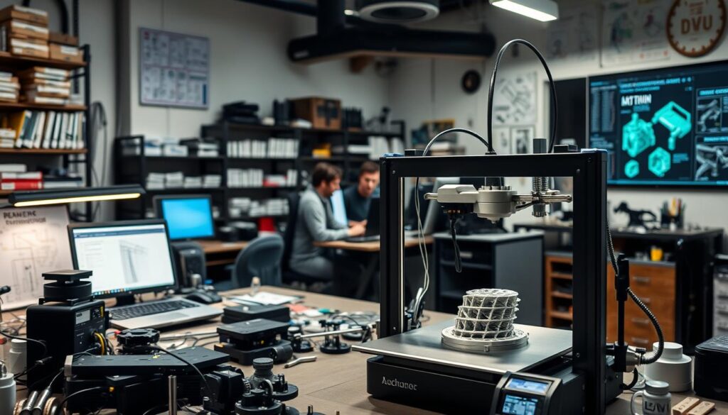 a high-tech workshop with a 3D printer in the foreground, surrounded by various mechanical engineering tools and components. The printer is actively printing a complex 3D model, with layers of material being deposited in a mesmerizing process. In the middle ground, there are computer workstations with CAD software displays, and engineers collaborating on their latest project. The background features shelves of engineering textbooks, technical diagrams, and a wall-mounted display showcasing the latest innovations in additive manufacturing. Soft, directional lighting illuminates the scene, creating a sense of focus and professionalism. The overall atmosphere conveys the excitement and creativity of mechanical engineering research and development.