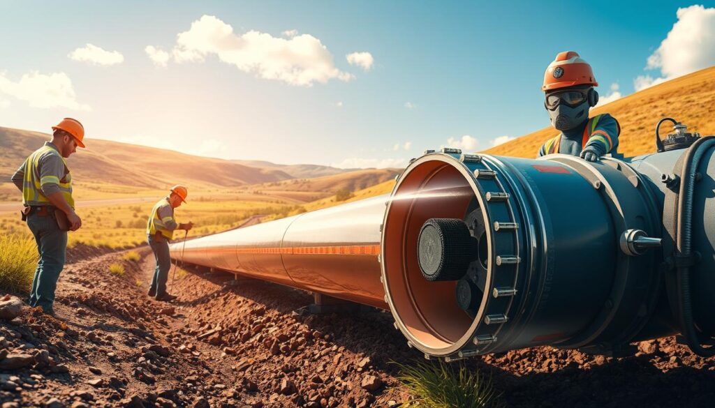 a highly detailed and photorealistic image of a pipeline safety scene, showing a section of an underground pipeline with a cutaway view revealing its internal structure. The foreground should depict workers inspecting the pipeline, wearing hard hats and safety gear, using specialized tools and equipment. The middle ground should feature the pipeline itself, with a focus on its corrosion-resistant coating, valves, and other safety features. The background should showcase the natural environment surrounding the pipeline, such as rolling hills, lush vegetation, and a clear blue sky, conveying a sense of harmony between the industrial infrastructure and the natural landscape. The lighting should be soft and diffused, creating a warm and inviting atmosphere. The camera angle should be slightly elevated, providing a comprehensive view of the entire scene.