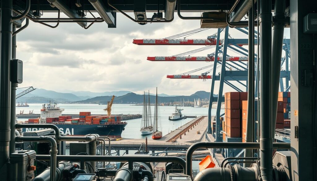 a highly detailed and realistic scene of port engineering, featuring a large seaport with modern cargo ships, cranes, and infrastructure. The foreground showcases intricate mechanical systems, pipes, and control panels, conveying the technical complexity of port operations. In the middle ground, towering gantry cranes load and unload shipping containers, their precise movements captured in crisp detail. The background depicts the harbor, with sailboats and smaller vessels navigating the calm waters, set against a backdrop of rolling hills and a cloudy, atmospheric sky. The lighting is natural and directional, creating dramatic shadows and highlights that accentuate the industrial setting. The overall mood is one of efficiency, productivity, and the seamless integration of human-engineered systems with the natural environment.