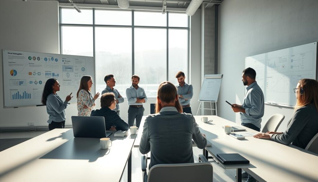 a highly detailed, cinematic 3D render of a transportation asset management training session in a modern open-plan office environment. Bright, natural lighting streams in through large windows, illuminating a group of professionals engaged in a collaborative whiteboard session. On the walls, infographics and flow charts illustrate key asset management concepts. In the foreground, a diverse team of engineers, analysts, and managers brainstorm strategies, with laptops, tablets, and coffee mugs on the sleek, minimalist desks. The overall mood is one of focus, innovation, and shared purpose, reflecting the training and development necessary for effective transportation asset management.