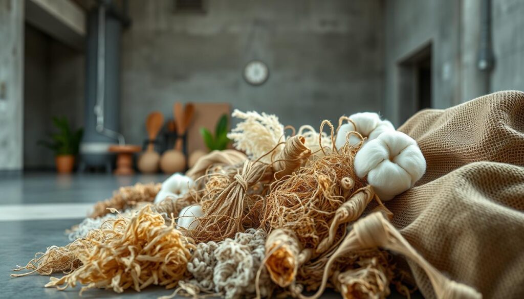 a highly detailed, hyper-realistic, 8K image of sustainable materials showcasing natural fibers, recycled plastics, and biodegradable fabrics. Foreground features a close-up of various textured samples, including hemp, jute, organic cotton, and PLA (polylactic acid). Midground shows a diverse collection of these materials arranged in an artful, still-life composition, with soft natural lighting highlighting their rich colors and unique properties. Background depicts a minimalist, industrial-style studio setting with smooth concrete walls and floors. The overall mood is one of thoughtful investigation, inviting the viewer to closely examine the innovative possibilities of sustainable materials.
