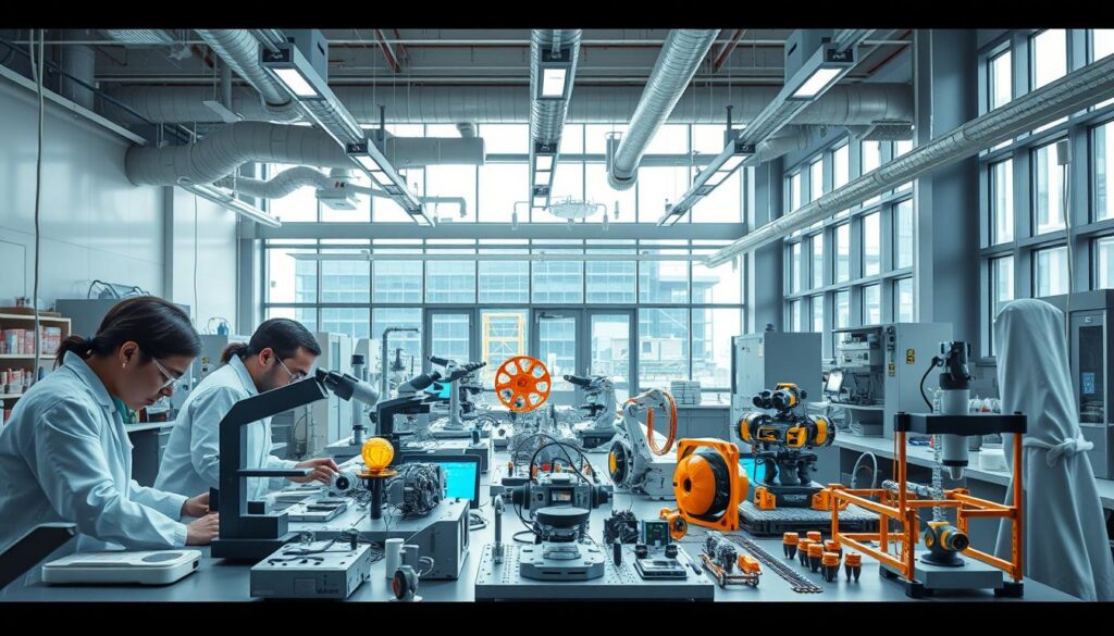 a highly detailed, hyper-realistic image of cutting-edge engineering research in a modern university laboratory. the foreground features a team of researchers conducting complex experiments with advanced scientific equipment, including microscopes, 3D printers, and computer-controlled measurement devices. the middle ground showcases a series of innovative engineering prototypes and models, highlighting the latest breakthroughs in fields like renewable energy, robotics, and biomedical engineering. the background depicts an expansive, well-lit laboratory space with high ceilings, exposed ductwork, and large windows that provide natural illumination, creating a sense of openness and possibility. the overall mood is one of intense focus, collaboration, and a spirit of discovery, reflecting the transformative role of higher education in driving engineering innovation.