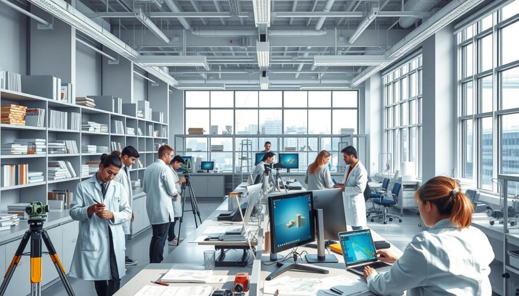 a highly detailed, hyper-realistic scene of a modern civil engineering laboratory, with students in white lab coats conducting experiments and using specialized equipment, such as surveying instruments, 3D modeling software, and structural testing apparatus. The room is brightly lit with large windows, creating a sense of openness and learning. Shelves along the walls display engineering textbooks, models, and technical drawings. The overall atmosphere is one of academic rigor, scientific inquiry, and the pursuit of knowledge in the field of civil engineering.