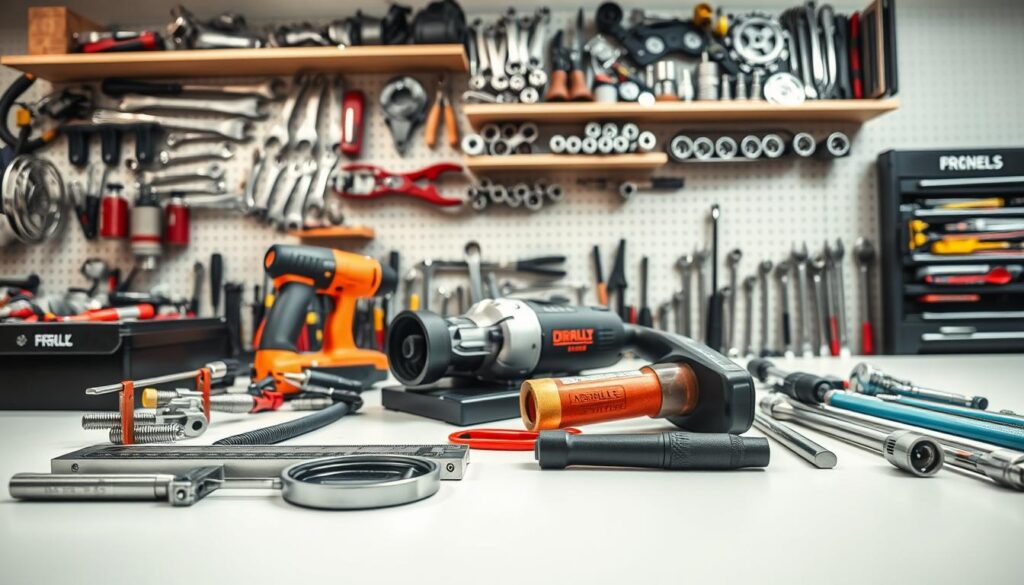 a highly detailed image of an assortment of mechanical engineering tools arranged on a clean, well-lit workbench. In the foreground, a set of precision calipers, a micrometer, and a torque wrench are neatly laid out. In the middle ground, a power drill, an angle grinder, and a socket wrench set are prominently displayed. In the background, a toolbox and shelves filled with various wrenches, pliers, and other specialized tools create a sense of a well-equipped workshop. The lighting is soft and even, creating a professional, technical atmosphere. The image is captured at a medium-close angle, allowing for a clear view of the individual tools and their details.