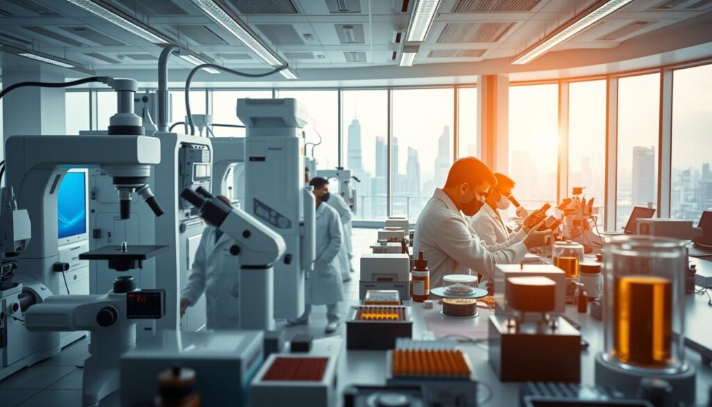 a highly detailed, photo-realistic image of materials science research in a modern laboratory. The foreground shows a team of scientists in white lab coats examining and analyzing various material samples under powerful microscopes. The middle ground showcases cutting-edge equipment and instruments used for advanced material characterization, such as X-ray diffractometers, scanning electron microscopes, and spectroscopy setups. The background features a clean, well-lit laboratory setting with sleek, minimalist design elements, large windows overlooking a futuristic cityscape. The overall scene conveys a sense of innovation, precision, and the global impact of material engineering research. Cinematic lighting, shallow depth of field, and a slightly elevated camera angle create a sense of awe and wonder.