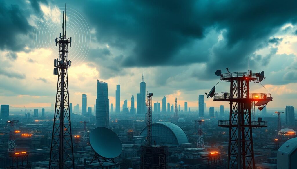 a highly detailed, photorealistic 3D digital illustration of various broadcast transmission methods, featuring a prominent tower or antenna in the foreground transmitting radio waves, with a complex network of satellite dishes, transmitters, and other broadcast equipment in the middle ground, all set against a backdrop of a futuristic city skyline with skyscrapers and a dramatic, moody cloudy sky. The scene should convey a sense of technical sophistication, innovation, and the scale and complexity of modern broadcast infrastructure. The lighting should be dramatic, with a mix of warm and cool tones, and the composition should be visually striking and balanced.
