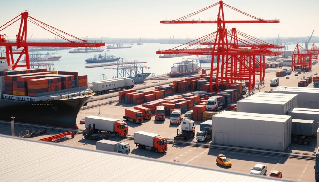 a highly detailed, photorealistic 3D render of a bustling port logistics operations, showcasing the efficient coordination and movement of cargo containers, ships, cranes, and transportation vehicles. The scene is set in the foreground, with a large container ship docked at the pier, its cargo being offloaded by massive gantry cranes. In the middle ground, a fleet of trucks and forklifts are transporting containers to nearby warehouses and distribution centers. The background features a panoramic view of the port, with additional ships, silos, and storage facilities visible in the distance. The lighting is natural, with warm sunlight casting long shadows and highlights on the equipment and infrastructure. The overall atmosphere conveys a sense of organized chaos, highlighting the critical role of logistics in ensuring the smooth flow of maritime commerce.