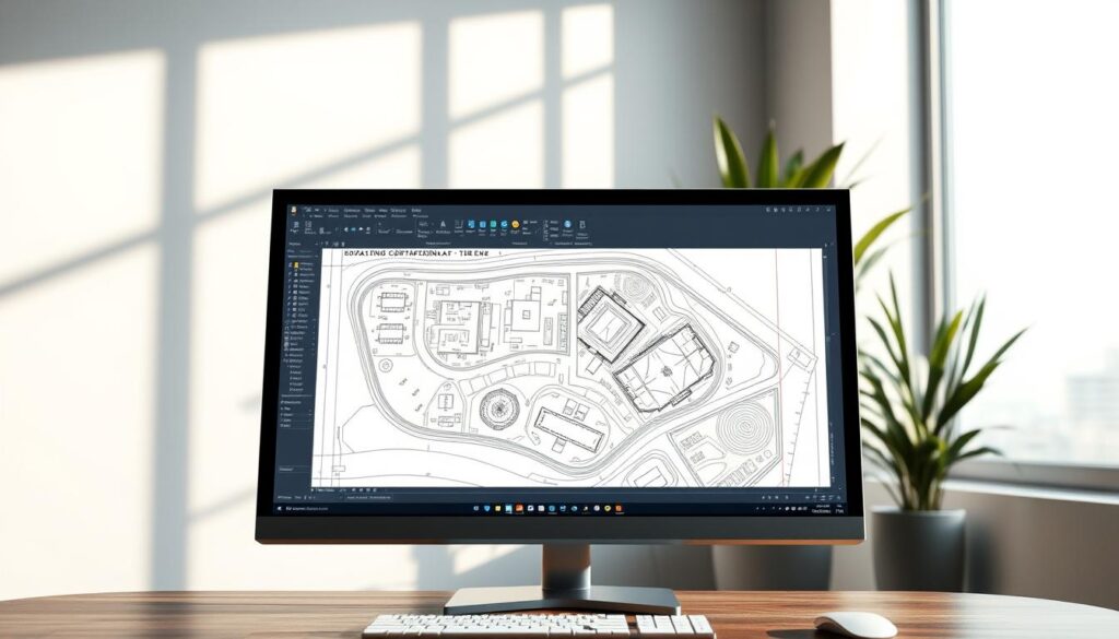 a highly detailed, photorealistic, 3D rendering of a civil engineering drawing in AutoCAD, showing a top-down view of a construction site plan with labeled structures, roads, utilities, and terrain features. The drawing is displayed on a large, high-resolution computer monitor, with a clean, modern user interface and precise, technical linework. The scene is illuminated by natural daylight through a window, casting soft shadows and highlighting the crisp, technical details of the CAD model. The overall atmosphere is one of precision, professionalism, and technical expertise, conveying the importance of accurate civil engineering drawings in the design and planning process.
