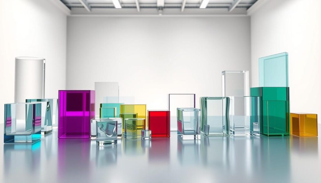 a highly detailed, photorealistic 3D rendering of various glass materials with their properties such as transparency, reflectivity, and refractive index showcased in a studio environment. The foreground features glass samples in different shapes, colors, and thicknesses, arranged on a smooth, reflective surface. The middle ground shows a clean, well-lit studio setup with neutral-colored walls and subtle background elements. The lighting is soft and directional, creating a sense of depth and highlighting the intricate details of the glass. The overall atmosphere conveys a sense of scientific study and technical precision, suitable for illustrating the "Properties of Glass" section of the article.