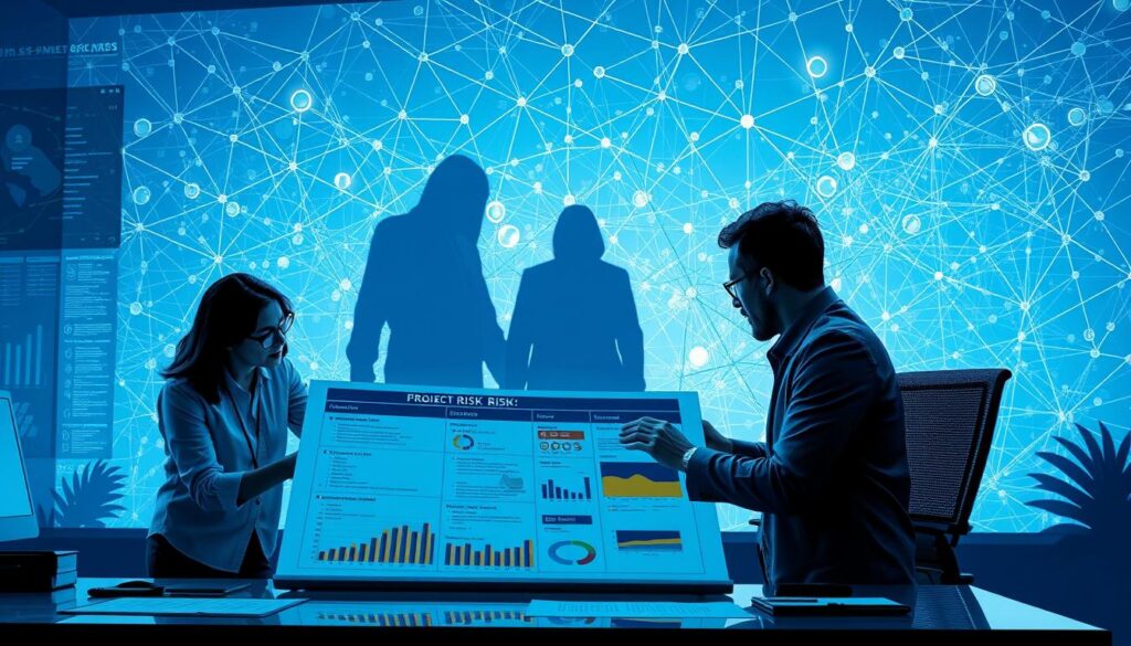 a highly detailed, photorealistic digital illustration of project risk management. in the foreground, a team of project managers examining a large risk management chart on a desk, with colorful risk analysis icons and data visualizations. in the middle ground, a shadowy figure representing an emerging risk or threat looms ominously. in the background, a complex network of interconnected project tasks, milestones, and dependencies sprawls across the frame, hinting at the complex, multifaceted nature of project risk. the overall scene is bathed in a cool, blue-tinted lighting, creating a sense of focused intensity and gravity. the composition emphasizes the importance of vigilant risk identification, assessment, and mitigation in successful project delivery.