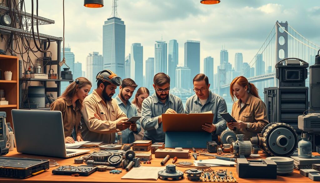 a highly detailed, photorealistic illustration of "engineer skills" depicting a workshop or laboratory setting with various engineering tools and equipment in the foreground, including a laptop, circuit boards, gears, and mechanical parts. In the middle ground, a diverse group of engineers of different ages, genders, and ethnicities are working collaboratively on a complex project, using their technical expertise, problem-solving skills, and creativity. The background features a cityscape with towering skyscrapers and bridges, representing the real-world applications and impact of engineering. The overall scene is well-lit, with warm lighting reflecting the passion and focus of the engineers, conveying a sense of dynamism, innovation, and the endless possibilities of the engineering profession.