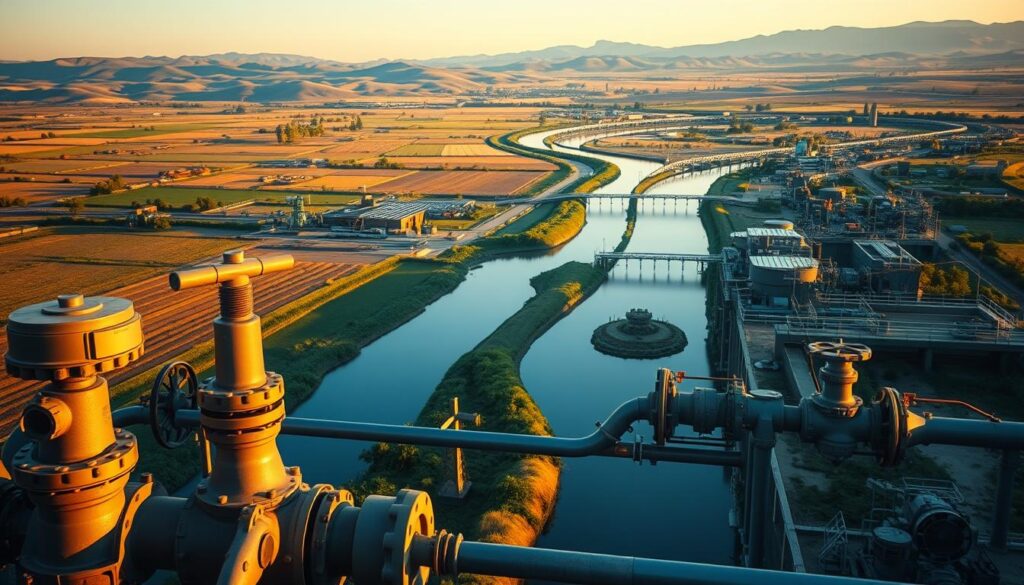 a highly detailed, photorealistic image of a large-scale water management infrastructure system, featuring a network of irrigation canals, reservoirs, and water treatment facilities set against a backdrop of lush farmland and rolling hills. The scene is lit by warm, golden sunlight, casting long shadows and highlighting the intricate engineering of the water distribution system. The foreground showcases a series of valves, sluice gates, and monitoring equipment, conveying the technical and functional aspects of water management. The middle ground depicts the main irrigation canals snaking through the landscape, surrounded by verdant vegetation and small rural settlements. In the background, the silhouettes of distant mountains create a sense of depth and scale. The overall atmosphere is one of efficient, sustainable water utilization in the service of productive agricultural practices.