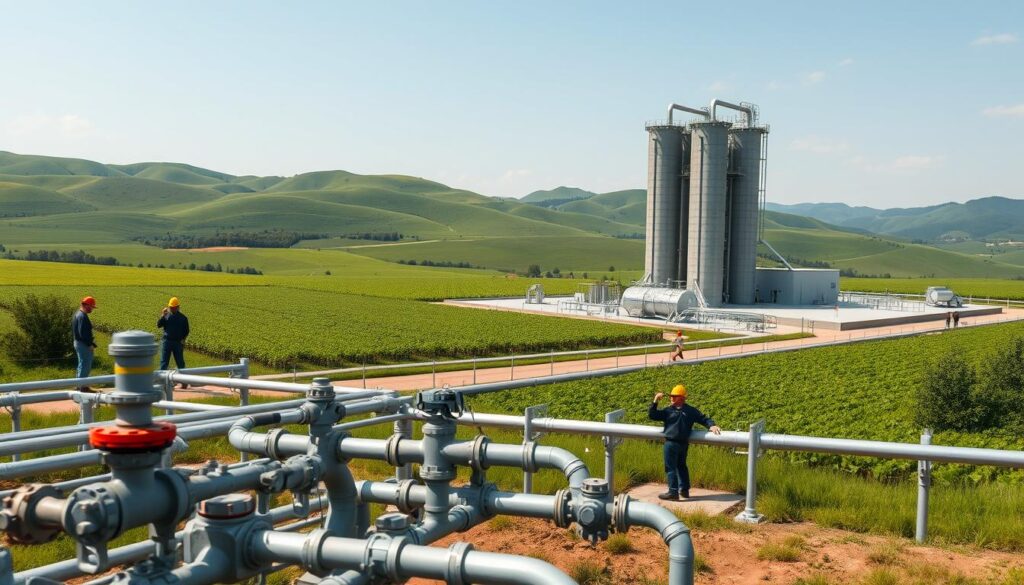 a highly detailed, photorealistic image of a modern irrigation engineering project, set in a lush, verdant landscape. the foreground features a complex network of pipes, valves, and water control mechanisms, with engineers in hard hats and safety gear inspecting and maintaining the system. the middle ground showcases a large, state-of-the-art irrigation pump station, with towering silos and sleek, angular architecture. in the background, rolling hills and a clear blue sky create a serene, natural backdrop, highlighting the integration of the engineered infrastructure with the surrounding environment. the lighting is soft and diffused, creating a sense of depth and dimension, and the overall mood is one of precision, efficiency, and environmental stewardship.