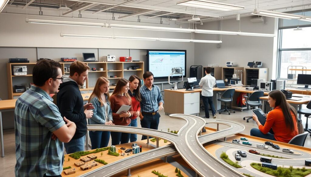 a highly detailed, photorealistic image of a modern transportation engineering classroom, with students engaged in various hands-on activities and discussions. the foreground features a group of students clustered around a scale model of a highway interchange, analyzing its design and construction. the middle ground showcases a professor lecturing at the front of the class, using a digital presentation to illustrate key engineering principles. the background reveals a well-equipped lab space with various testing equipment and workstations, suggesting a comprehensive learning environment. the lighting is bright and natural, creating a sense of productivity and focus. the overall atmosphere conveys a dynamic, interactive educational setting dedicated to the study of transportation infrastructure and systems.