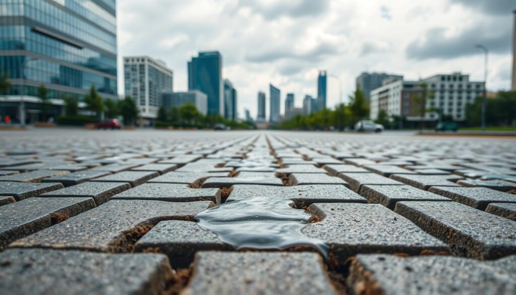 a highly detailed, photorealistic image of permeable pavement for water conservation in an urban setting. The pavement consists of interlocking concrete or stone blocks with gaps between them, allowing rainwater to seep through and replenish the groundwater. The foreground shows a close-up view of the pavement's texture, with natural lighting highlighting the intricate pattern and the spaces between the blocks. The middle ground depicts the pavement in use, with water visibly draining through the gaps. The background features a cityscape with modern buildings, trees, and a partly overcast sky, conveying a sense of an eco-friendly, sustainable urban environment.