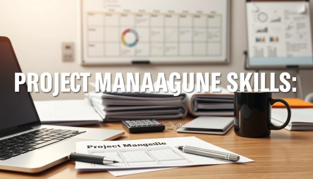 a highly detailed, photorealistic image of project management skills, showing a well-organized desk with various project-related tools and documents. In the foreground, there is a laptop, a project schedule, and a pen, all neatly arranged. In the middle ground, there are folders, a calculator, and a coffee mug, symbolizing the multitasking and attention to detail required in project management. In the background, there is a whiteboard with a project plan, highlighting the importance of strategic planning and communication. The lighting is soft and natural, creating a professional and focused atmosphere. The composition is balanced, with a clean and minimalist aesthetic, emphasizing the efficiency and organization associated with effective project management.
