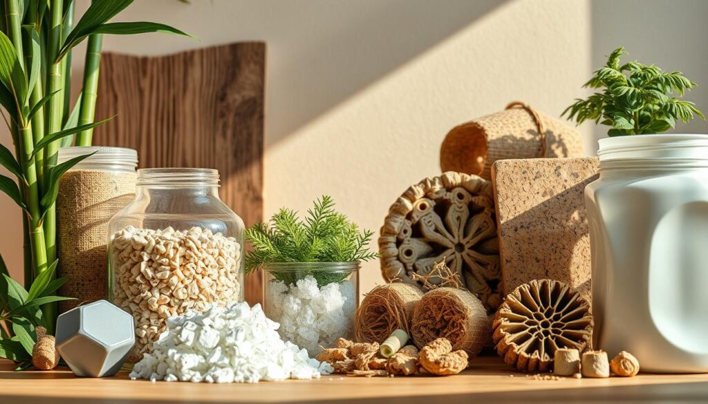 a highly detailed, photorealistic image of various sustainable building materials arranged in a still life composition, including bamboo, hemp, recycled plastics, cork, and mycelium-based materials, bathed in warm, natural lighting, with a soft, muted color palette reflecting the organic nature of the materials, captured from a low angle to emphasize their texture and materiality, creating a sense of harmony and environmental consciousness.