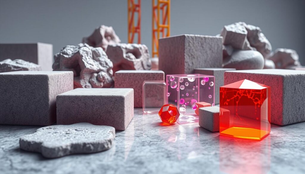 a highly detailed, photorealistic render of advanced construction materials, with a focus on innovative smart materials that are revolutionizing the construction industry. The image should showcase a variety of cutting-edge building materials, including self-healing concrete, shape-memory alloys, and thermochromic glass, arranged in a visually striking and cohesive composition. The materials should be presented in a well-lit, high-contrast setting, with a mixture of close-up and angled views to highlight their unique properties and textures. The overall mood should convey a sense of technological sophistication and progress, hinting at the transformative potential of these smart materials in the future of construction.