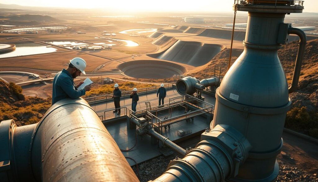 a highly detailed, photorealistic scene of a water management engineering project, with a focus on maintenance practices for longevity. In the foreground, a team of engineers inspecting a large water pipe, examining it closely and taking notes. In the middle ground, a group of workers performing routine maintenance on a water treatment facility, carefully tending to the various systems and equipment. In the background, a sprawling landscape of reservoirs, dams, and other water infrastructure, all bathed in warm, natural lighting that highlights the intricate details of the scene. The overall mood is one of diligence, professionalism, and a deep commitment to ensuring the long-term reliability and sustainability of the water supply network.